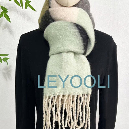 Striped Mohair Tassel Scarf, Green Gray Winter Scarf