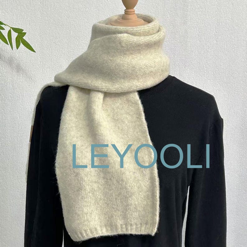 Beige Wool Blend Scarf, Solid Knit Winter Scarf