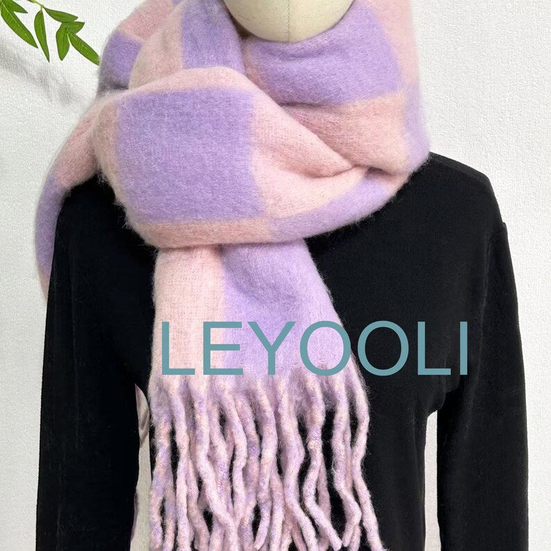 Pink & Purple Checkered Mohair Scarf - Oversized Tasseled Shawl