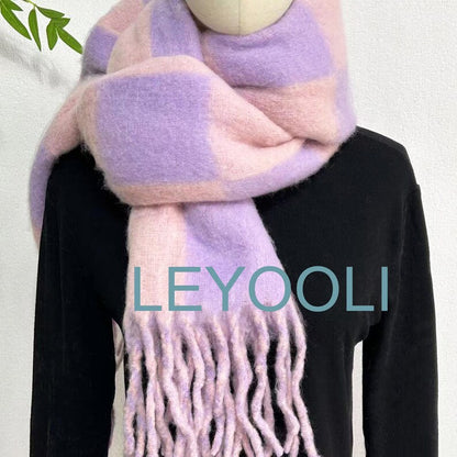 Pink & Purple Checkered Mohair Scarf - Oversized Tasseled Shawl