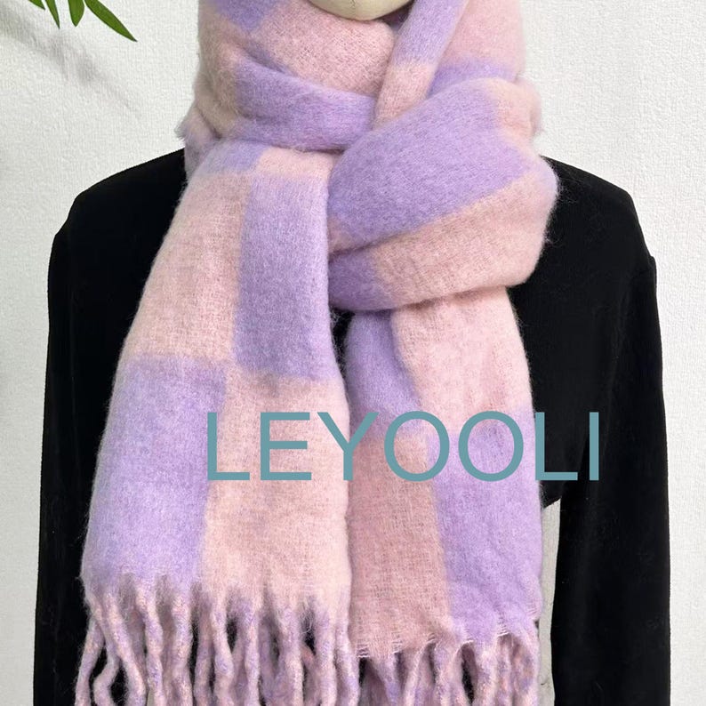 Pink & Purple Checkered Mohair Scarf - Oversized Tasseled Shawl