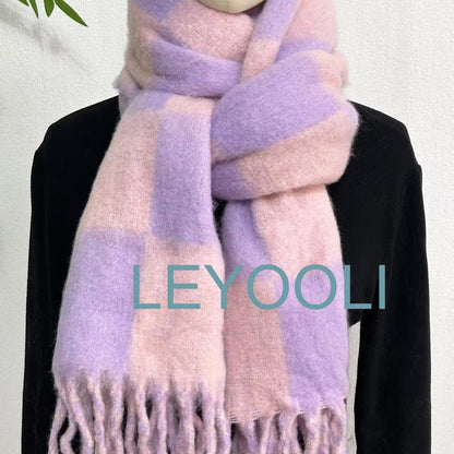 Pink & Purple Checkered Mohair Scarf - Oversized Tasseled Shawl