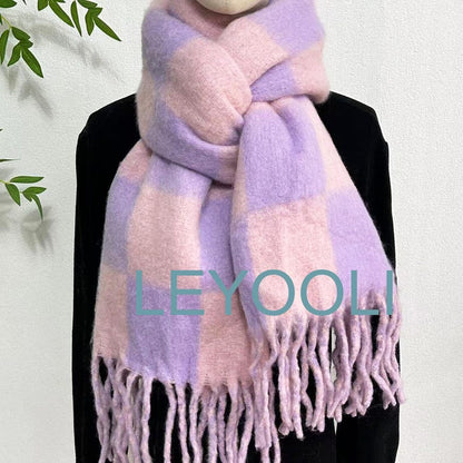 Pink & Purple Checkered Mohair Scarf - Oversized Tasseled Shawl