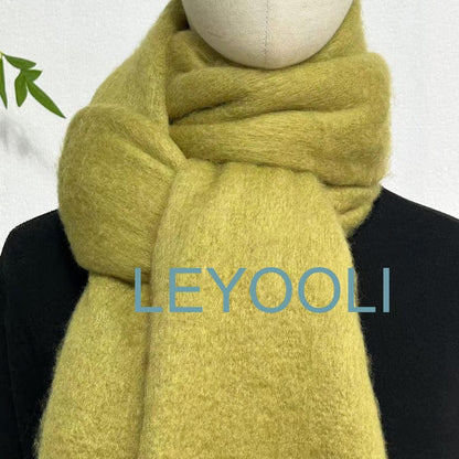 Mustard Green Mohair Blend Scarf: Winter Tassel Scarf