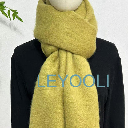 Mustard Green Mohair Blend Scarf: Winter Tassel Scarf