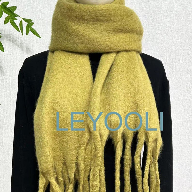 Mustard Green Mohair Blend Scarf: Winter Tassel Scarf
