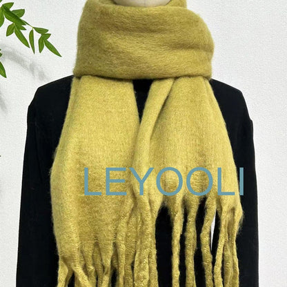 Mustard Green Mohair Blend Scarf: Winter Tassel Scarf