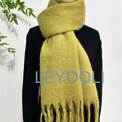 Mustard Green Mohair Blend Scarf: Winter Tassel Scarf