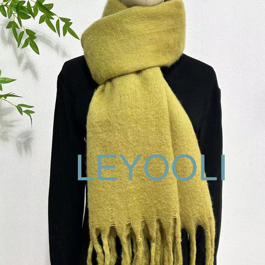 Mustard Green Mohair Blend Scarf: Winter Tassel Scarf