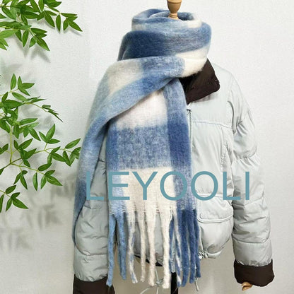 Blue Plaid Mohair Scarf, Warm Winter Shawl