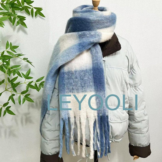 Blue Plaid Mohair Scarf, Warm Winter Shawl