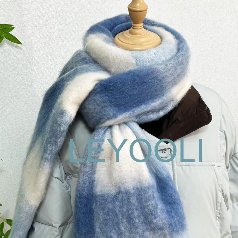 Blue Plaid Mohair Scarf, Warm Winter Shawl