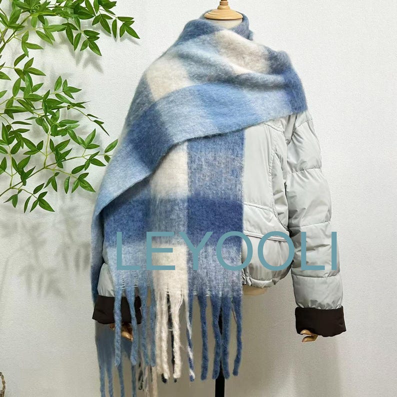 Blue Plaid Mohair Scarf, Warm Winter Shawl