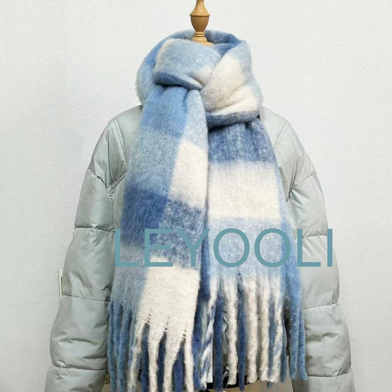 Blue Plaid Mohair Scarf, Warm Winter Shawl