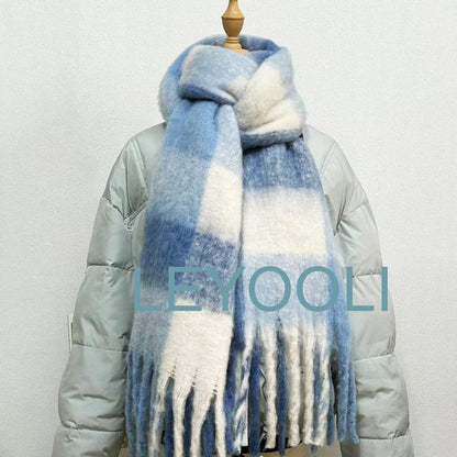 Blue Plaid Mohair Scarf, Warm Winter Shawl