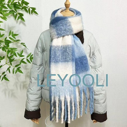 Blue Plaid Mohair Scarf, Warm Winter Shawl