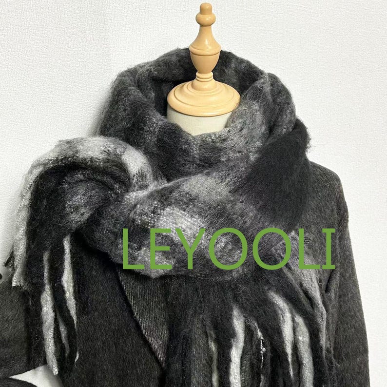 Hand Woven Plaid Mohair Scarf | Black Gray Winter Shawl