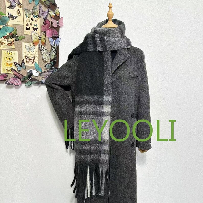 Hand Woven Plaid Mohair Scarf | Black Gray Winter Shawl