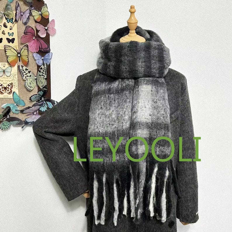 Hand Woven Plaid Mohair Scarf | Black Gray Winter Shawl