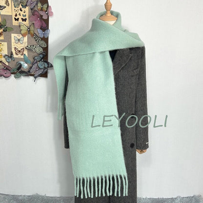 Wool Blend Tassel Scarf, Extra Long Solid Color Winter Scarf