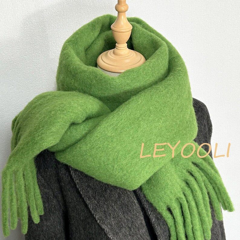 Wool Blend Tassel Scarf, Extra Long Solid Color Winter Scarf