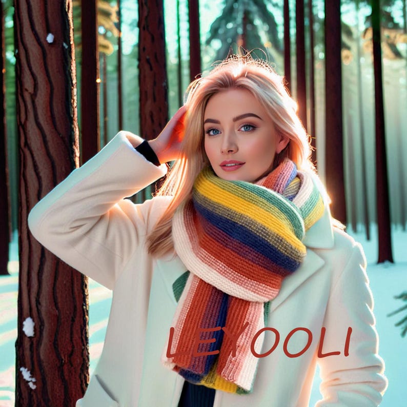 Rainbow Knitted Scarf: Colorful Cotton Yarn Winter Wrap