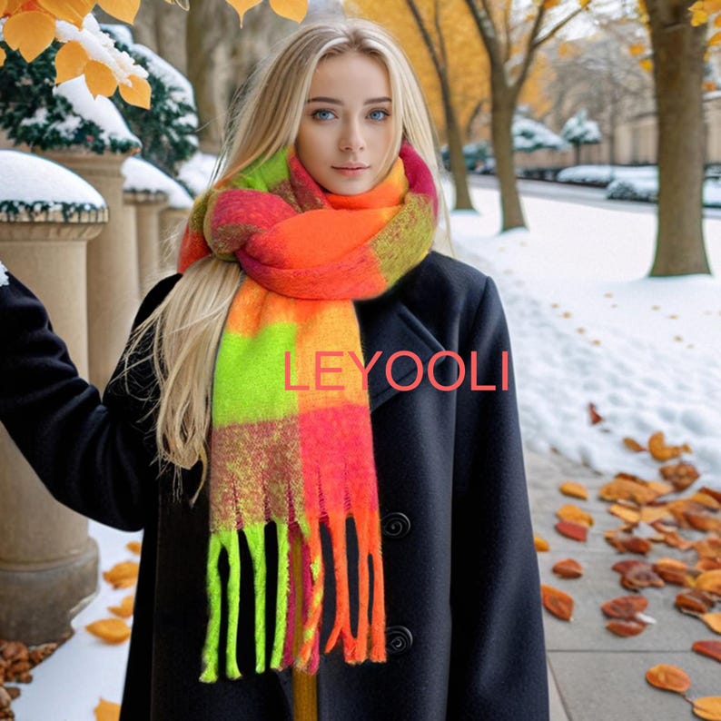 Mohair Plaid Scarf: Bright Pink & Green, Warm Winter Shawl