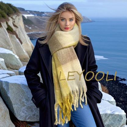 Yellow Plaid Mohair Scarf, Winter Warm Tassel Shawl