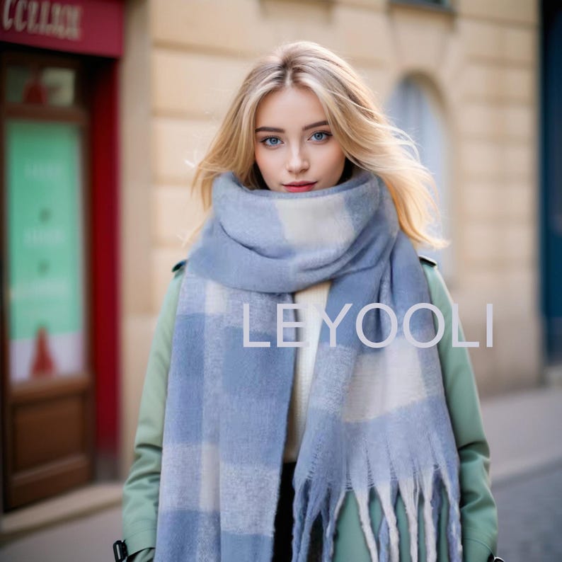Blue Mohair Plaid Scarf: Warm Winter Shawl