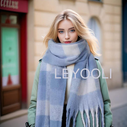 Blue Mohair Plaid Scarf: Warm Winter Shawl
