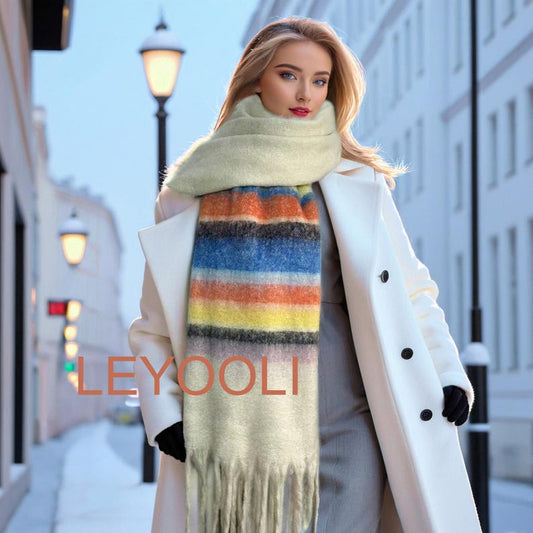 Rainbow Striped Mohair Scarf, Warm Winter Shawl, Fringed Plush Scarf