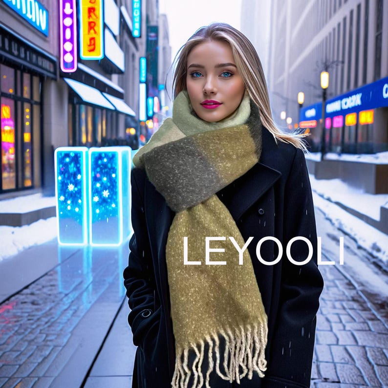 Striped Mohair Tassel Scarf, Green Gray Winter Scarf