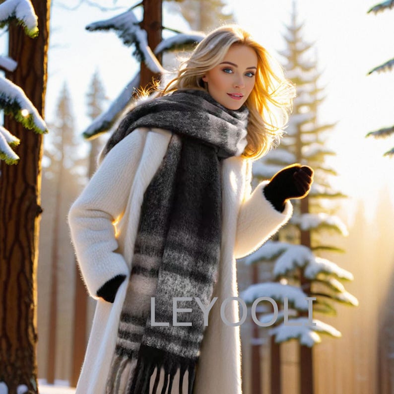Plaid Mohair Winter Scarf: Extra Long Fringed Scarf