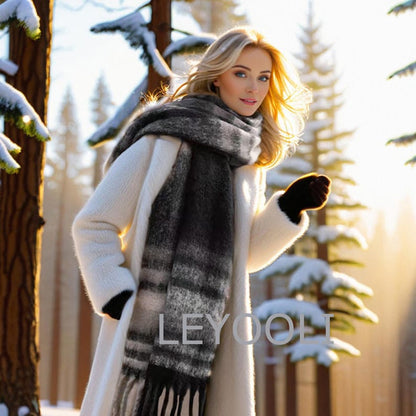 Plaid Mohair Winter Scarf: Extra Long Fringed Scarf