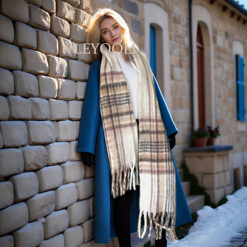 Brown Plaid Mohair Tassel Scarf, Warm Winter Shawl