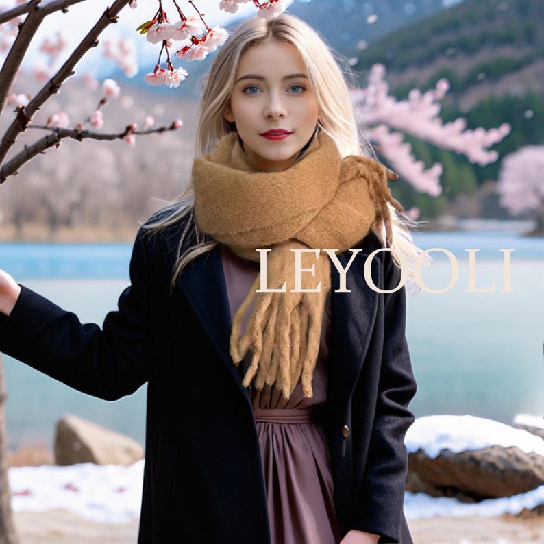 Camel Mohair Blend Tassel Scarf, Warm Winter Solid Color Scarf