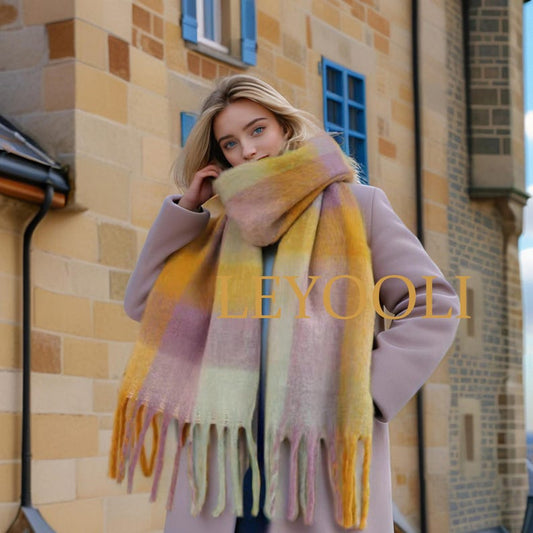 Mohair Plaid Scarf: Yellow Purple Rainbow Shawl