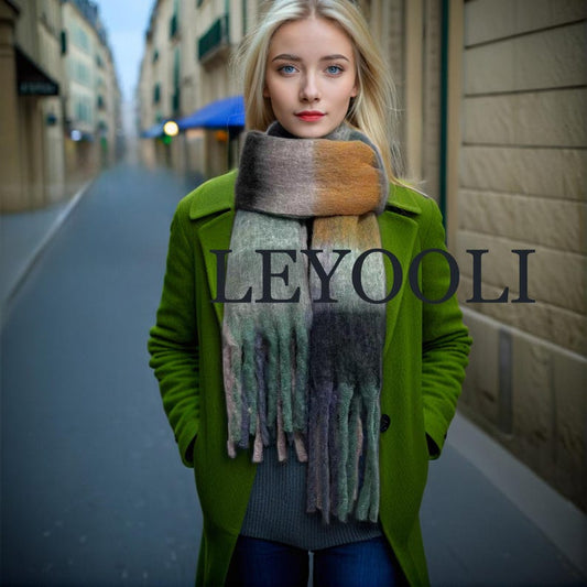 Green Plaid Mohair Scarf, Winter Tassel Shawl