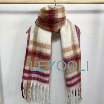 Warm Plaid Mohair Scarf - Beige and Wine Red Checkered Winter Shawl with Tassels
