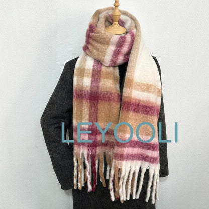 Warm Plaid Mohair Scarf - Beige and Wine Red Checkered Winter Shawl with Tassels