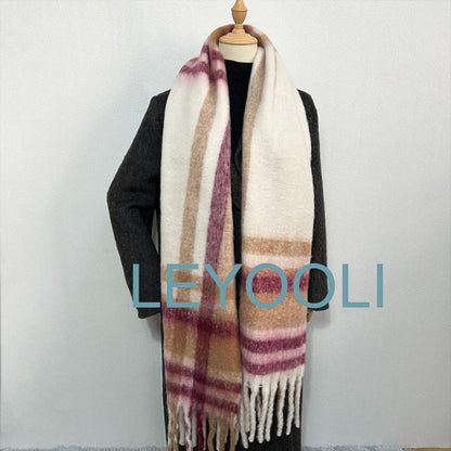 Warm Plaid Mohair Scarf - Beige and Wine Red Checkered Winter Shawl with Tassels