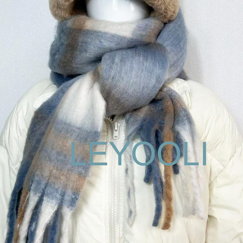 Soft Blue Plaid Mohair Scarf - Cozy Winter Wrap with Beige and White Accents