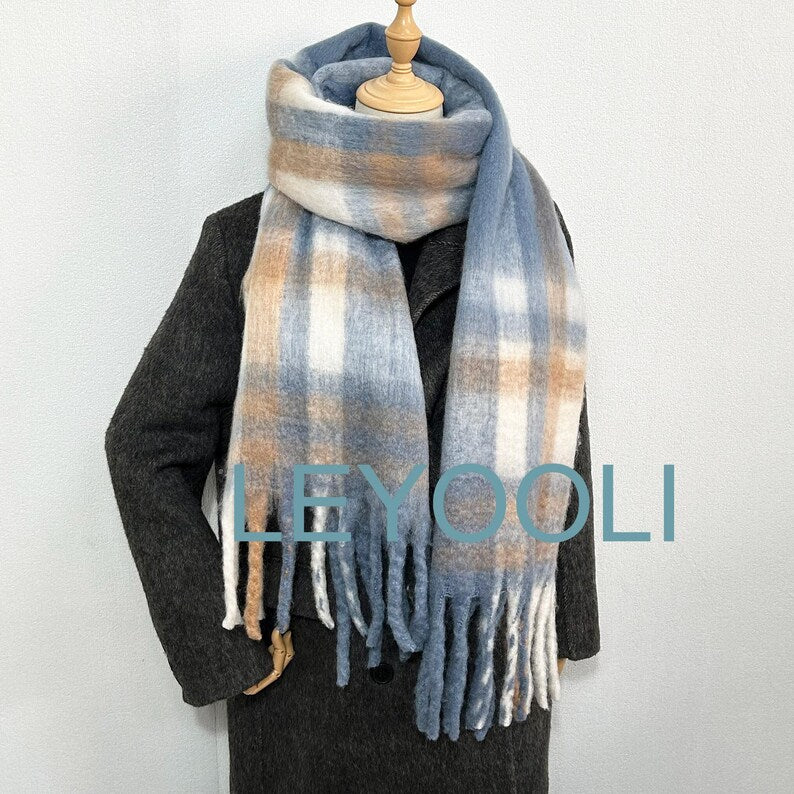 Soft Blue Plaid Mohair Scarf - Cozy Winter Wrap with Beige and White Accents