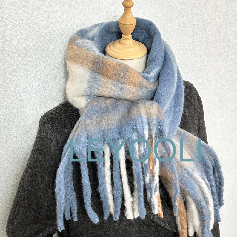 Soft Blue Plaid Mohair Scarf - Cozy Winter Wrap with Beige and White Accents