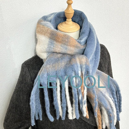 Soft Blue Plaid Mohair Scarf - Cozy Winter Wrap with Beige and White Accents