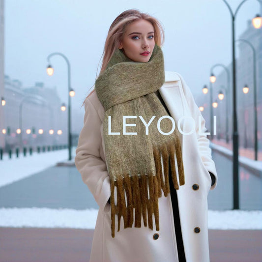 Mohair Wool Scarf | Vintage Brown Gradient Shawl with Fringes