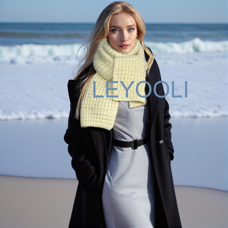 Hand Knitted White Scarf, Cotton Yarn, Warm Winter Scarf