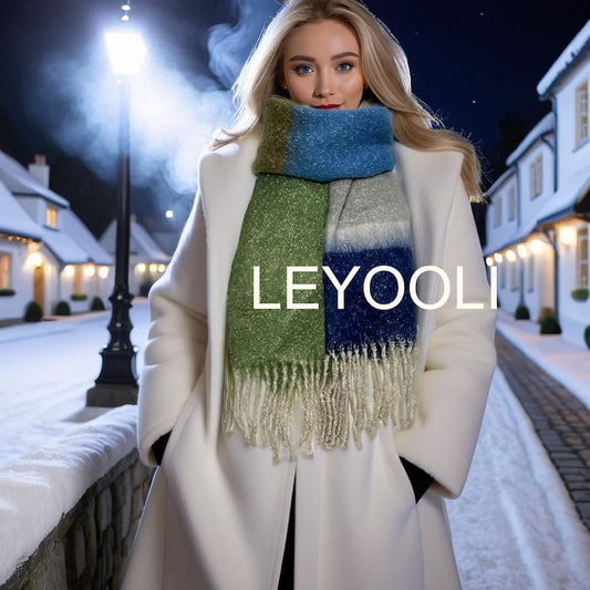 Blue Green Striped Mohair Tassel Scarf, Winter Warm Blanket Scarf