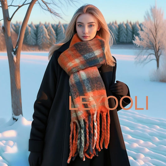Orange Plaid Mohair Scarf: Reversible Winter Shawl
