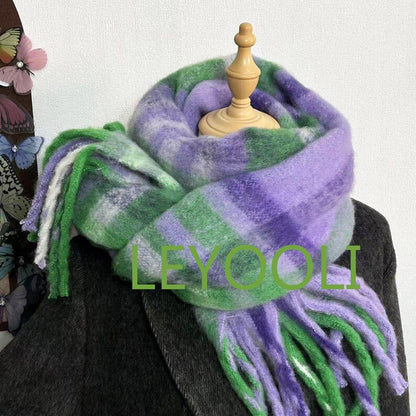 Purple Green Plaid Mohair Scarf: Tassel Winter Shawl